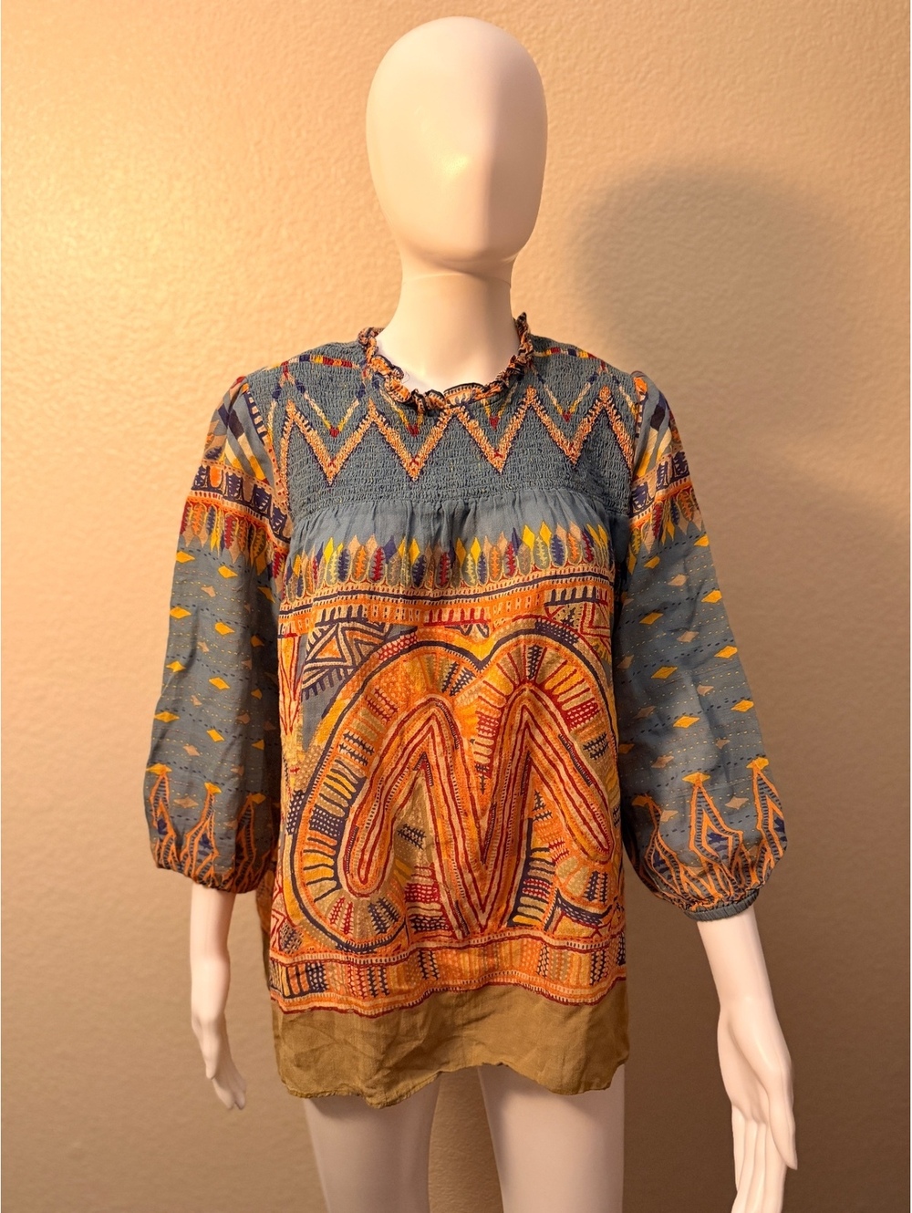 Label Ritu Kumar Boho Smocked Printed Blouse Top L
